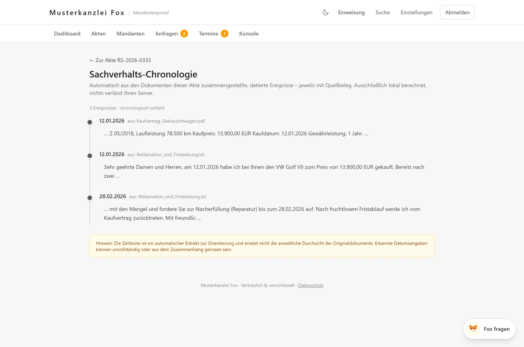 Chronologie eines Vorgangs: datierte Ereignisse, jeweils mit dem Dokument, aus dem sie stammen, und einem Hinweis auf die Grenzen der automatischen Auswertung.